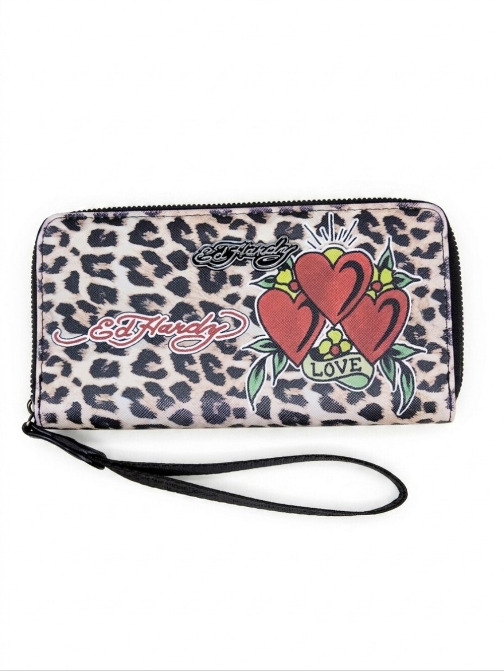 Ed Hardy Eternal Love Leopard Zip Around Wristlet Wallet Womens Hearts Y2K